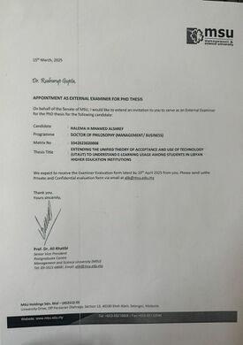 Appointment as External Examiner for PhD Thesis at Management and Science University, Malaysia – Halema H Mhamed Alshreef