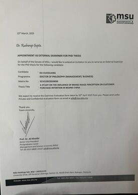 Appointment as External Examiner for PhD Thesis at Management and Science University, Malaysia – Du Guoguang